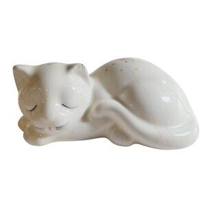 Vintage Hand Painted Ceramic Cat Figurine White Kitten Floral Design